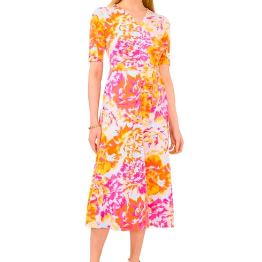 MSK Women's Floral Midi Dress - Pink, Orange, Yellow